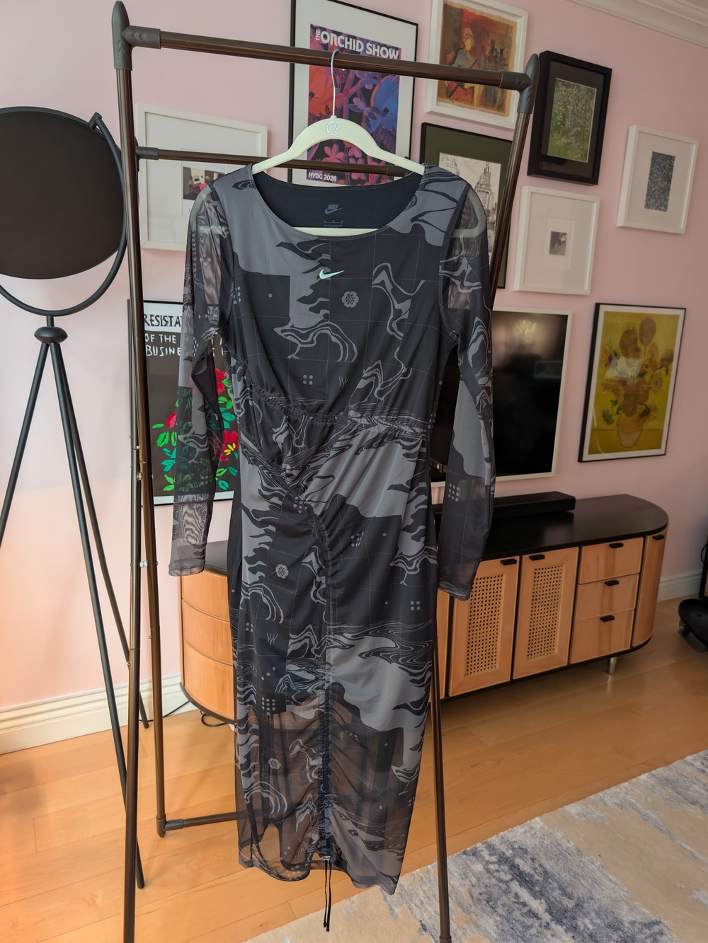 Nike Women's Black & Gray Ruched Mesh Dress